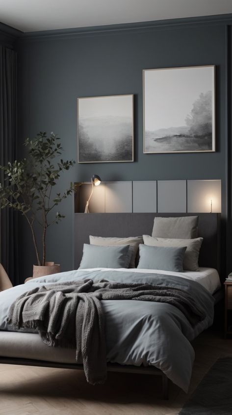 Grey Masculine Bedroom, Bedroom Dark Grey Bed, Charcoal Headboard Bedroom, Dark Grey Headboard Bedroom Ideas, Grey Blue Bedroom, Blue Grey Rooms, Blue And Grey Bedroom, Masculine Bedrooms, Masculine Bedroom Ideas