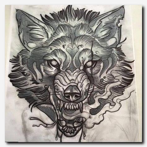 This drawing portrays the head of a hairy wolf snarling. The wolf looks very fierce, with saliva dripping from its teeth ready to pounce. Part of the left ear appears to have been bitten off. Such a tattoo is mostly drawn by men. Tattoo Wolf, Tier Tattoo, 4 Tattoo, Wolf Tattoo Design, Tattoo For Son, Geniale Tattoos, Sketch Tattoo, 1 Tattoo, Head Tattoos