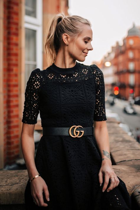 Blonde Women Wearing Black Lace Dress with Gucci Belt on London Balcony Dress With Gucci Belt, London Balcony, Belt Dress Outfit, Gucci Black Belt, Gucci Belt Outfit, New Year Friends, Gucci Outfit, Friends First, Jw Fashion