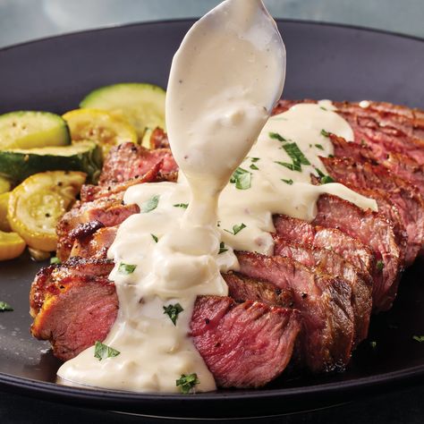 Gorgonzola Cream Sauce Recipe from H-E-B Mushroom Gorgonzola Sauce, Gorgonzola Cheese Sauce, Gorgonzola Cream Sauce Steak, Gorgonzola Cream Sauce, Gorgonzola Recipes, Gorgonzola Sauce, Cream Sauce Recipe, Cream Sauce Recipes, Gorgonzola Cheese