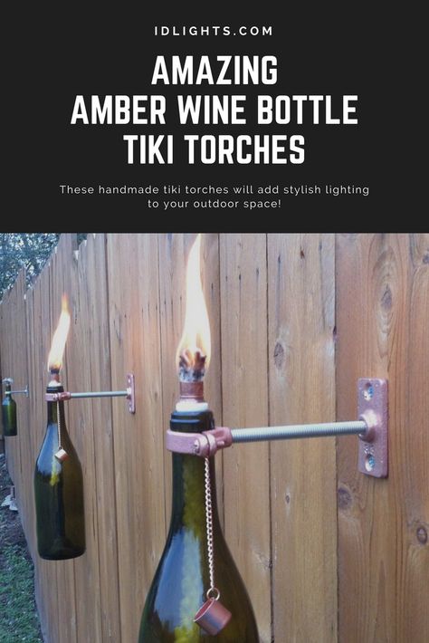 These handmade tiki torches will add stylish lighting to your outdoor space. Mount them on a fence, deck, tree, or even your entryway to add some ambiance! Citronella oil will shoo those pesky bugs away from your dinner party. Our torches are set apart by a clever detail: an extinguishing cap #Bottlelamp #Candles #Copper #Diylighting #Farmhousedecor #Handmadelighting #Lamp #Lighting #Lightingdesign #Outdoorlighting #Patio #Recycle #Rusticlighting #Steampunk #Vintagelighting Landscape Lights Diy, Wine Bottle Tiki, Wine Bottle Tiki Torch, Outdoor Lighting Design, Diy Outdoor Lighting, Candle Diy, Landscape Lighting Design, Bottle Candle, Wine Bottle Design