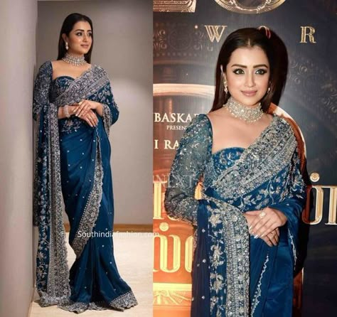 Blue Engagement Saree, Blue Saree For Reception, Blue Indian Wedding, Geethika Kanumilli, Blue Designer Saree, Reception Saree, Indian Bridesmaid Dresses, Latest Bridal Blouse Designs, Trisha Krishnan