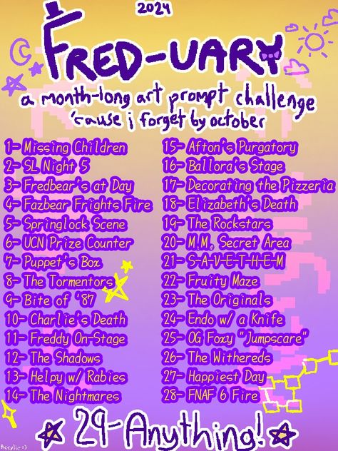 I made this 'cause I always forget until, like, mid-october and I can't really make videos on a month-long challenge if it's already the middle of the month || YT: @Acrylicthepartygoer 「Acrylic =)」I make speedpaints, music, and gacha videos! Also I have no upload schedule lol Gacha Challenge List, Fnaf Art Challenge, Oc Month Challenge, Art Drawing Challenge, October Art Challenge, Draw Your Oc Challenge Template, Art Oc Challenge, Month Art Challenge, Gacha Oc Challenge