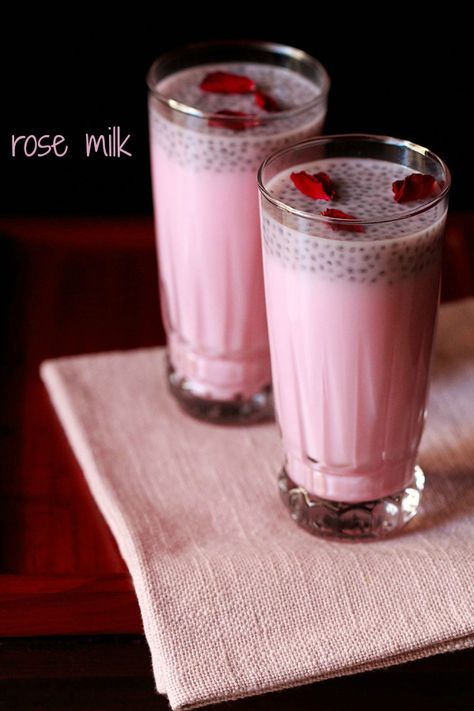 rose milk - cooling and refreshing rose milk made with rose syrup, milk and sabja seeds. Sabja Seeds, Rose Syrup, Indian Drinks, Summer Coolers, How To Make Rose, Rose Recipes, Rose Milk, Milkshake Recipes, Indian Desserts