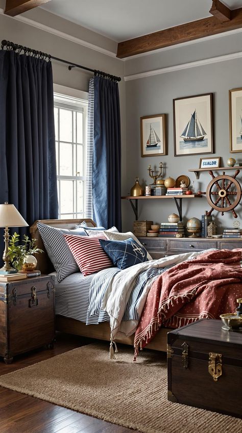 coastal bedroom decorating Masculine Beach Bedroom, Sailing Bedroom, Nautical Bedroom Master, Boys Nautical Bedroom, Vintage Boys Bedrooms, Sea Bedrooms, Lakehouse Bedroom, Ocean Bedroom, Bedroom Decorating Tips