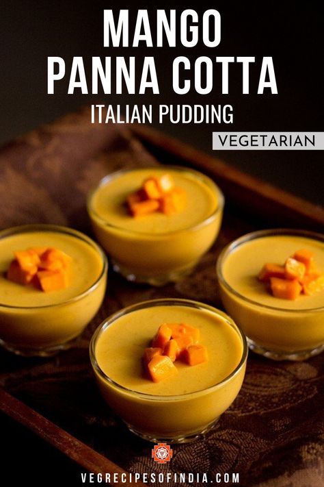 Are mangos one of your favorite fruits? If they are, then you should try this recipe for mango panna cotta! Panna cotta is an Italian dessert meaning "cooked cream" which is a soft set pudding, usually aided by gelatin but I have used agar agar instead. This easy recipe for a gluten free dessert is one of the family favorites so try it with your family and see how much they love it! #vegetarian #dessert #glutenfree #mangopannacotta #Italiancuisine Mango Recipes Indian, Easy Panna Cotta Recipe, Easy Mango Recipes, Egg Free Dessert Recipes, Mango Pudding Recipe, Mango Panna Cotta, Mango Desserts, Egg Free Desserts, Mango Dessert Recipes