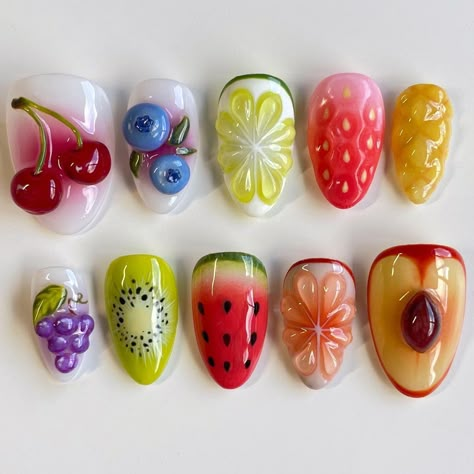 fruit salad custom set 🍉🥝💛 - these remind me so much of the watermelon game … ahhhahaha which makes me love them even more 😽😽🫶🏻 absolutely… | Instagram Fruit Sticker Nails, Square Fruit Nails, Fruit Nails Acrylic, Fruity Nails, Fruit Nail Designs, Fruit Nails, Fruit Nail, Food Nails, Fruit Nail Art