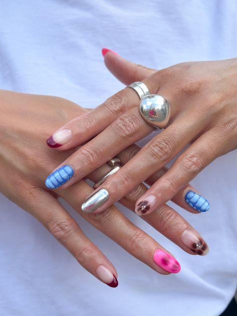 When you can't decide so you get them all ✨ Pick n Mix by the talented Cecile 💙 To Book: Gel Mani Full Works + Level 1 Nail Art #shoreditchnails #cecileshoreditchnails #shoreditchnailstudios #chromenails #snakeprint #frenchtipnails #thegelbottle #biabjourney #biab #biabnails Pick And Mix Nails, Pick N Mix Nails, Peggy Gou Nails, Mixed Nail Designs, Glasto Nails, One Nail Design, Mixed Nails, Mix Nails, Mismatched Nails