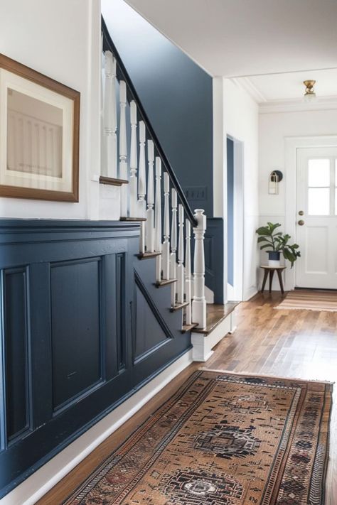 Hallway And Stairs Ideas Paint Colors, Dark Blue Hallway, Navy Hallway, Blue Hallway Ideas, Dark Blue Feature Wall, Rustic Oak Flooring, Blue Hallway, Stairway Ideas, Interior Design Tips And Tricks