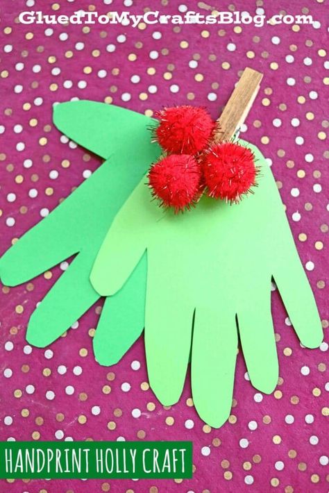 Super Easy Handprint Christmas Holly - Kid Craft Idea Hand Print Christmas, Mistletoe Craft, Christmas Handprint Crafts, Handprint Christmas, December Crafts, Christmas Crafts To Make, Hand Crafts For Kids, Handprint Craft, Kid Craft