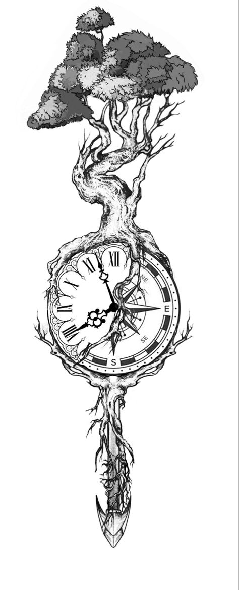 Calf Tattoo Drawing, Life Clock Tattoo, Tree Of Life Clock Tattoo, Clock And Tree Tattoo Design, Tree With Clock Tattoo, Tree Of Life Tattoo Design Spiritual, Men Tattoo Half Sleeve, Tree Of Life With Clock Tattoo, Man Family Tattoo Ideas