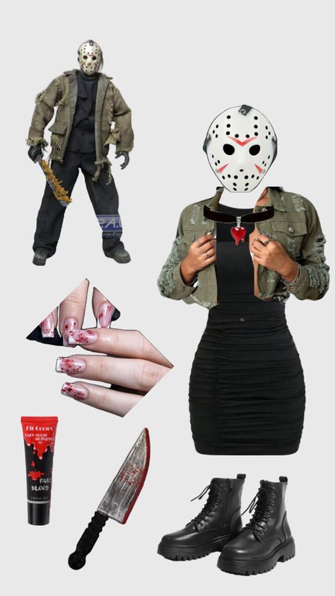 Jason as a baddie Jason Voorhees Outfit, Jason Halloween Costume, Hot Halloween Costumes Women, Jason Voorhees Costume, Halloween Jason, Classy Halloween Costumes, Closet Cosplay, Duo Costumes, Crazy Costumes