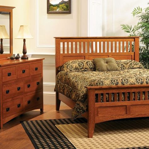 Mission furniture just never goes out of style! Our Sierra Mission Suite is one of our all-time favorite sets. Shown here in solid oak with a chestnut stain, it would look lovely in any setting! Mission Style Bedroom Furniture, Mission Style Bedroom, Antiquing Furniture Diy, Solid Wood Bedroom Furniture, Mission Style Furniture, Wood Bedroom Sets, Mission Furniture, Painted Bedroom Furniture, Bed Platform