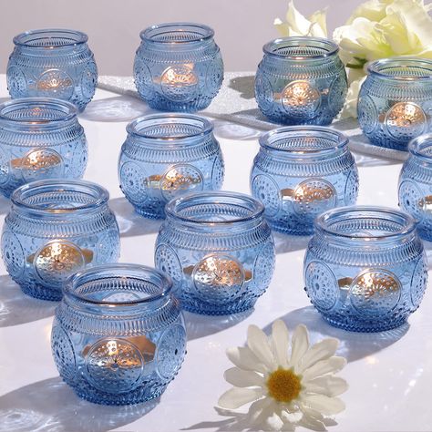 PRICES MAY VARY. 🥂Votive Candle Holders Bulk: Included in your package are 48pcs glass votive candle holders. These holders measure cute size of 2ʺD x 2ʺH. They serve as excellent companions for any dining table, accommodating regular votive candles, tea light candles, flameless LED tea candles, thereby fostering a warm and inviting ambiance that elevates the dining experience. 🌻Vintage Candle Holder Decor: This blend seamlessly melds retro and minimalist fashion. Employing embossing technolog Candle Centerpieces For Home, Blue Bridal Shower Themes, Blue Bridal Shower Decorations, Blue Votive Candle Holders, Reception Table Centerpieces, Blue Candle Holders, Blue Candle, Something Blue Bridal, Blue Bridal Shower