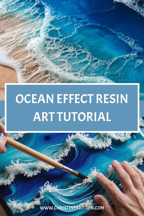 Ocean-inspired resin art tutorial featuring a brush adding wave details to a seascape. Ocean Waves Painting Tutorials, Diving Into Ocean, Blue Resin Art, Resin Art Tutorial, Beach Resin Art, Abstract Ocean Art, Resin Beach Art, Resin Techniques, Resin Ocean Art