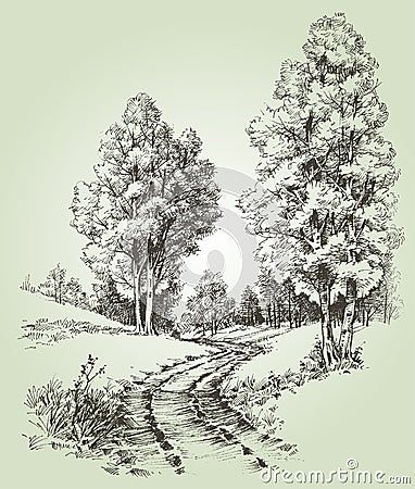 Tree Hatching, Gabriel Drawing, Drawing Landscapes, Forest Sketch, Mountain Sketch, Landscape Pencil Drawings, Drawing Scenery, Forest Drawing, Wooded Landscaping