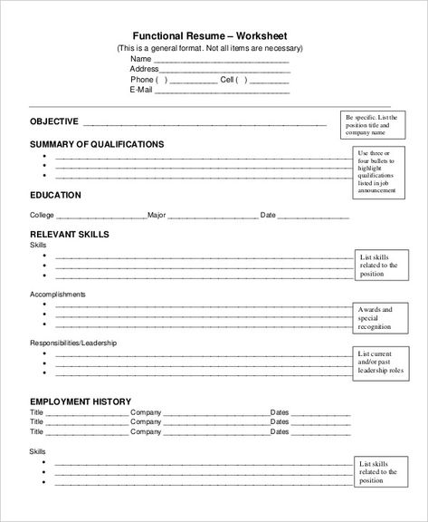 functional-resume-worksheet Resume Worksheet, Worksheet For Adults, Things For Students, Templates Picture, Resume Form, Creative Writing Worksheets, Functional Resume Template, Job Resume Samples, College Resume