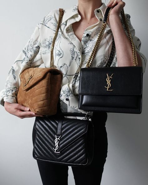 Women holding 3 YSL designer bags for comparison Ysl Sunset Bag Outfit, Saint Laurent Bag Outfit, Ysl College Bag, Ysl Bag Outfit, Ysl Loulou Bag, Saint Laurent College Bag, Ysl Sunset Bag, Saint Laurent Outfit, Ysl College