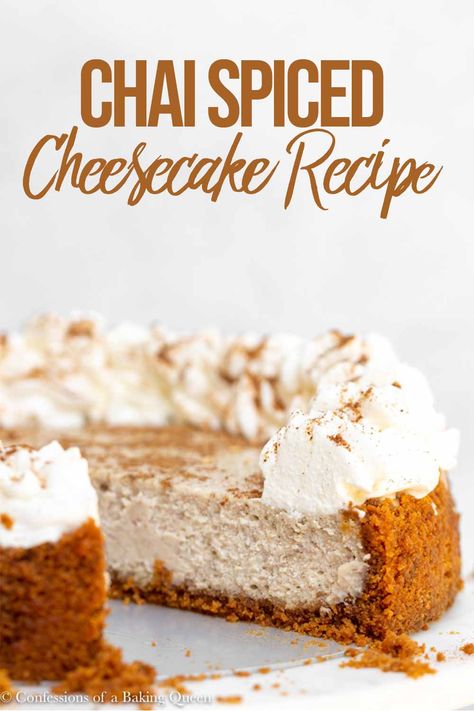 This Chai Cheesecake will be your new favorite recipe! Creamy Cheesecake is filled with Chai Inspired Spices topped with fresh whipped cream all on top of a Speculoos Cookie Base. This Chai Cheesecake recipe is the best! #chaispicedessert #chaicheesecake #easycheesecakerecipe #cheesecakerecipe Chai Cheesecake, Fall Cheesecake, Fresh Whipped Cream, Cookie Base, Chai Recipe, Best Cheesecake, Easy Cheesecake Recipes, Salty Cake, Creamy Cheesecake