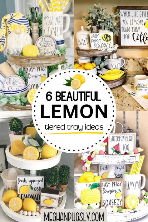 Check out these Lemon Decor Tiered Tray ideas to make for your home! #LemonDecor #LemonDecorTierTray #LemonDecorTieredTray #LemonDecorIdeas Lemon Tray Decor, Decorating With Lemons, Lemon Kitchen Decor Ideas, Lemon Tiered Tray Decor, Lemon Decorations, Tiered Tray Ideas, Table Tray Decor, Fake Lemons, Lemon Crafts