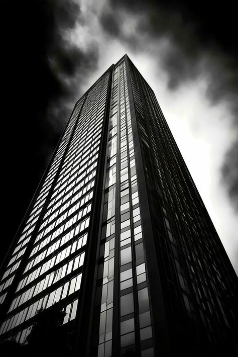 Black and white vertical photo of the architecture of high-rise buildings. Ai generative art Vertical Photography, Black And White Building, Buildings Art, Tree Saw, High Rise Building, Cityscape Photos, Structure Design, Nature Backgrounds, Generative Art