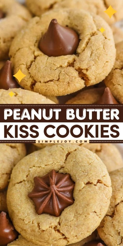 Delight in Peanut Butter Kiss Cookies, the best dessert recipe for any holiday occasion! With a chocolate star on top or Hershey's Kisses nestled in, these Peanut Butter Blossoms are the best Christmas cookies you can bake. Whip up a batch and let the festive flavors shine! Peanut Butter Hershey Kisses Cookies, Kisses Cookies Peanut Butter, Peanut Butter Cookies With Hershey Kisses On Top, Peanut Butter Candy Kiss Cookies, Peanut Butter And Hershey Kiss Cookie, Peanut Butter Chocolate Kisses Cookies, Peanut Butter Chocolate Kiss Cookie Recipe, Hershey Kiss Cookies Recipe Peanut Butter Blossoms, Peanut Butter Cookies Blossoms