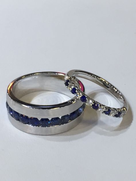 Complementary Wedding Rings, Blue Wedding Rings Sets His And Hers, Sapphire Wedding Band Men, Men’s Sapphire Wedding Band, Blue Wedding Rings Men, Men’s Wedding Ring With Sapphire, Sapphire Wedding Bands, Unique Wedding Bands Matching, Blue Diamond Wedding Band