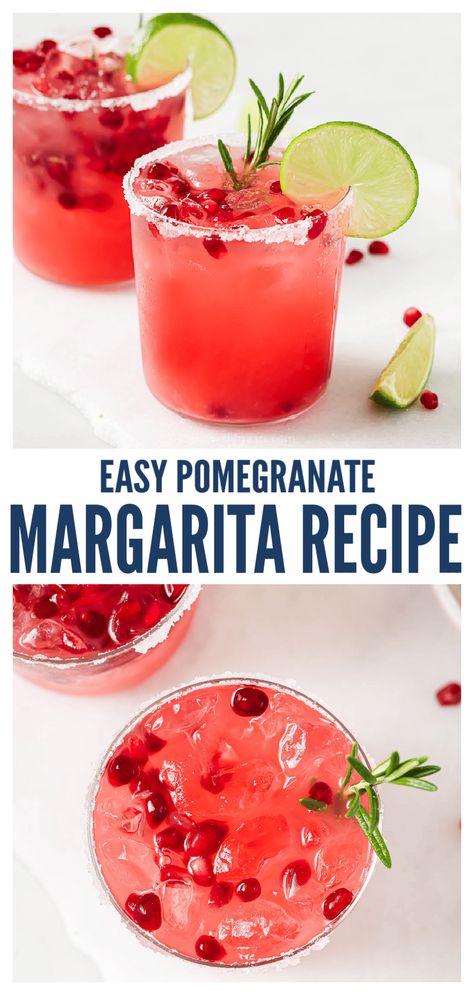 Bright red and loaded with tequila, this easy pomegranate margarita will make the jingle bells rock. Perfect for a party of one (or more), it's a holiday cocktail packed with tart, fruity flavors you'll love. You can even swap the pomegranate juice for cranberry juice! #pomegranatemargarita #margaritarecipe #holidaycocktails #cocktailrecipe #tequilarecipes Cranberry Pomegranate Margarita, Pomegranate Tequila Drinks, Pomogranette Cocktail, Cocktails With Pomegranate Juice, Drinks With Pomegranate Juice, Pom Margarita Recipe, Cranberry Pomegranate Cocktail, Pomegranate Juice Cocktails, Pomegranate Margarita Recipe