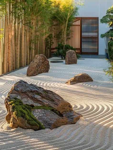 Designing with Rocks for a Low Maintenance Garden • 333+ Art Images Rock Garden Japanese, Low Maintenance Japanese Zen Garden Backyard, Zen Garden Sand Patterns, Sand Garden Zen, Xeriscape Front Yard, Zen Sand Garden, Japanese Rock Garden, Zen Rock Garden, Zen Garden Design