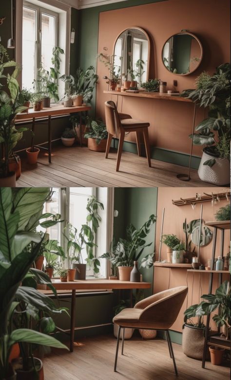 4 cute places to decorate with potted plants and a chair, in the style of studyplace, emerald and brown, mirror rooms, wood, y2k aesthetic Green Brown Home Decor, Green Astetic Room Ideas, Brown And Green Room Decor, Green And Brown Walls, Emerald Green And Brown Living Room, Table Counter Design, Green And Brown House, Brown And Green Room, Green Brown Aesthetic