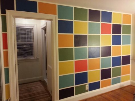 Patchwork paint squares. Squares Painted On Walls, Paint Square Behind Picture, Geometric Wall Paint Square Patterns, Lego Painted Wall, Boy Room Paint, Kids Wall Decor, Hall Design, Room Paint, Wall Patterns