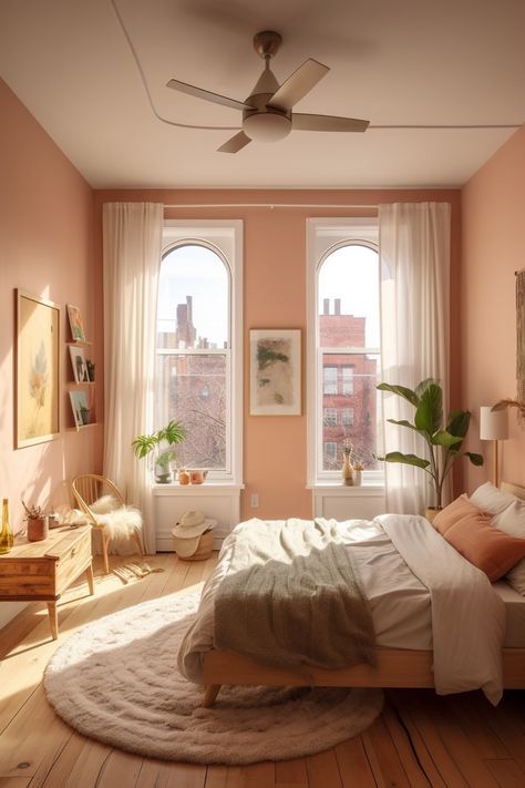 100+ Gorgeous Pastel Colored Rooms to Inspire your Decor - Days Inspired Peach Color Bedroom Ideas Wall, Dark Wood And Pink Bedroom, Bedroom With Peach Walls, Salmon Room Bedrooms, Muted Colour Bedroom, Ochre And Pink Colour Palette, Sunset Wall Color, Interior Pastel Colors, Light Peach Room