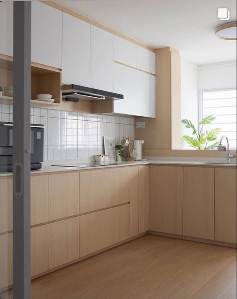 Muji Style Interior Kitchen, Minimalist Kitchen L Shape, Minimalist Kitchen Design L Shape, Muji Minimalist Interior Design, Japanese Style Kitchen Modern Minimalist, Modern Muji Interior Design, Muji Kitchen Cabinet, Muji Cabinet, L Shaped Kitchen With Pantry