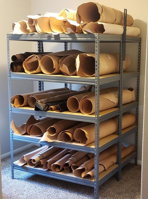 Leather Shop Organization, Leather Storage Ideas, Leather Workshop Studio, Leather Workshop Ideas, Diy Leather Working, Leatherworking Tools, Nordic Interior Design, Workshop Studio, Craft Room Design