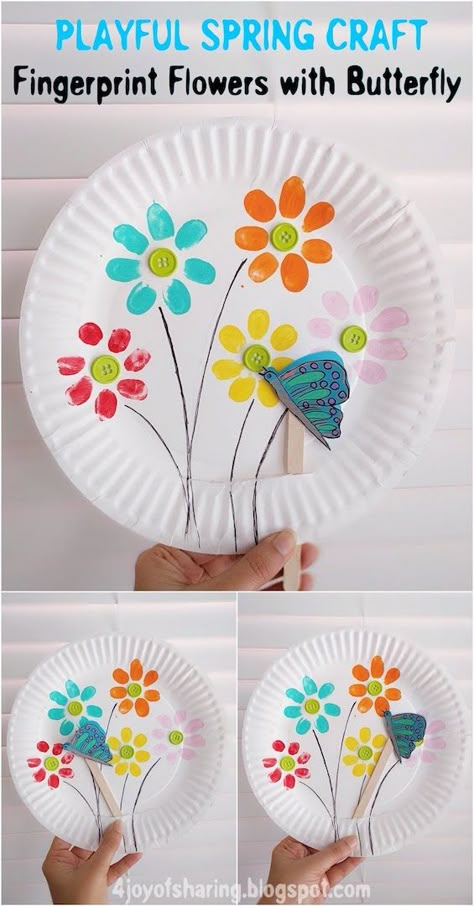 Fingerprint Flowers With Butterfly - Playful Spring Craft For Kids #kidscraft #springcrafts #easycrafts #funcrafts Fingerprint Flowers, Spring Arts And Crafts, Butterfly Spring, Flying Butterfly, Spring Craft, Spring Crafts For Kids, Mason Jar Crafts Diy, Paper Plate Crafts, Plate Crafts