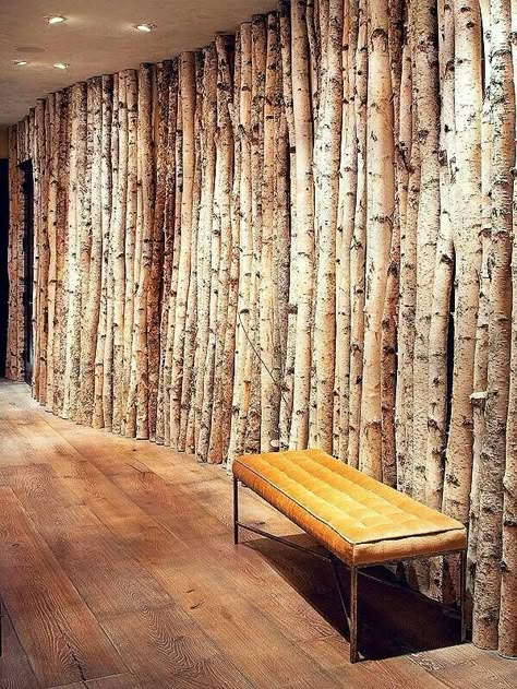 Birch wall Rustic Hallway, Deco Champetre, Montana Ranch, Plywood Walls, Mountain Living, Birch Trees, Tree Wall, Wall Treatments, Design Case