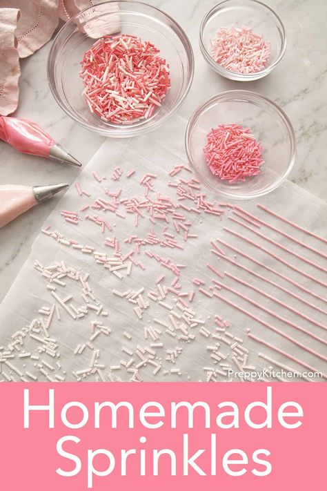 These EASY homemade sprinkles are fun to make, only need a few ingredients to make, and are guaranteed to be the best tasting sprinkles you've ever had. Homemade Sprinkles Recipe, Homemade Sprinkles, Diy Sprinkles, Sprinkles Recipe, Preppy Kitchen, Candy Sprinkles, Sprinkle Cookies, Gel Food Coloring, Mini Donuts