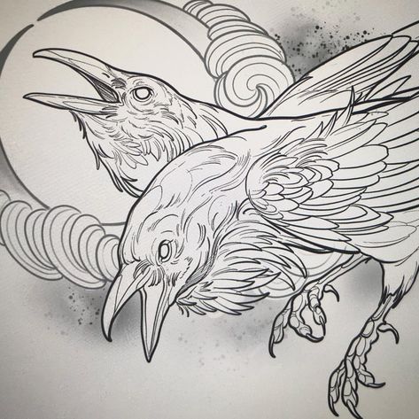 Raven Neotraditional, Raven Tattoo Stencil, Raven Tattoo Design, Tattoo Japonais, Crow Drawing, Viking Compass Tattoo, Raven Design, Crow Tattoo Design, Neo Tattoo