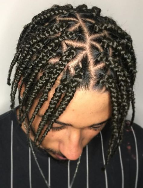 Triangle Part Fead in Box Braids Triangle Box Braids Men, Undercut With Box Braids, Braids Triangle Parts, Men's Bun, Two Cornrow Braids, Braids Designs, Undercut Braid, Mohawk Braids, Box Braids Men