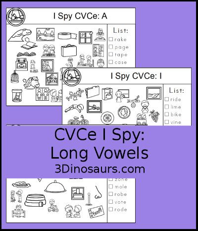 3 Dinosaurs - CVCe I Spy Printable for A, I, & O Cvce Worksheets, I Spy Printable, Word Families Printables, Magic E Words, 3 Dinosaurs, O Words, Cvce Words, School Jobs, Magic E