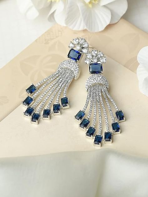 Premium Quality Material: These silver-plated Earrings are made of premium metal, blue stones, and American diamonds. Exported from the India to United States, Spain and United Kingdom, and many more countries across the globe. 😍😍Now available on Amazon Product: Imitation Jewellery You can order as much pieces as you want.😊 Argentium Silver Jewelry, Sapphire Earring, Diamond Earrings For Women, Bangles Jewelry Designs, Sapphire Wedding, Earring For Women, Sapphire Earrings, American Diamond, Diamond Drop Earrings