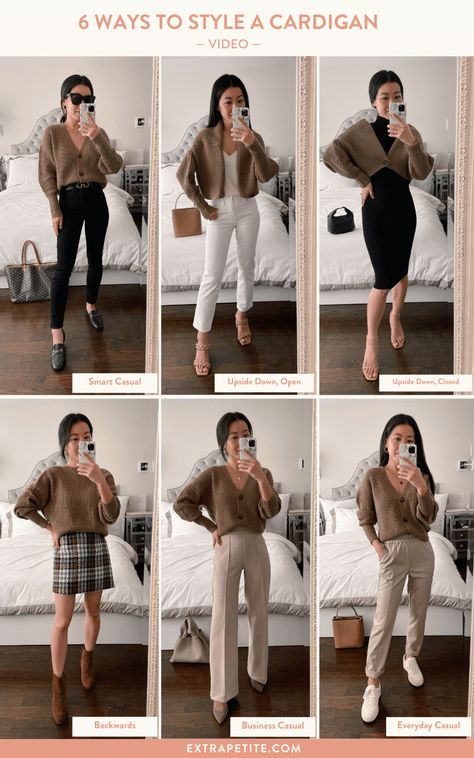 How To Dress Cardigans, Crop Sweater Work Outfit, How To Style With Cardigan, Short Cardigan Outfit Work, How To Style Crop Sweater, Crop Sweater Cardigan Outfit, Styling A Cropped Sweater, Styling Cardigans Winter, Petite Style Outfits Casual