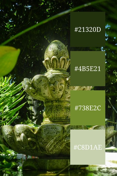 Garden Serenity: A moss-covered fountain surrounded by rich foliage highlights a tranquil green color palette, perfect for peaceful moments. Follow for daily inspirations! Garden Color Palette, Color Palette With Hex Codes, Color Scheme Generator, Aesthetic Landscapes, Japanese Zen Garden, Green Color Palette, Peaceful Moments, Moss Covered, Japanese Zen