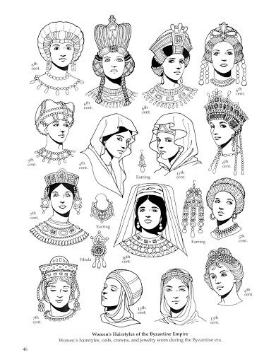 Common Byzantine women hairstyles/ headdresses. You can see the trend of pulled back hair topped with an bejeweled headdress. Byzantine Fashion, Fashion Coloring Book, Eastern Roman, Byzantine Empire, Byzantine Art, Medieval Clothing, Medieval Fashion, Historical Costume, Historical Clothing