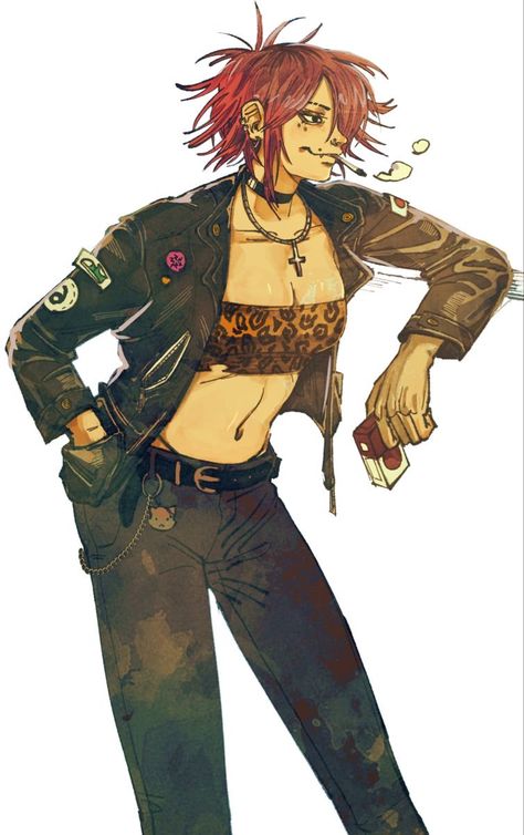 Women Punk Hairstyles, Masc Woman Character Design, Punk Girl Character Design, 90s Character Design, Singer Pose Reference, Y2k Character Design, Villain Ocs, Punk Art Style, Punk Oc