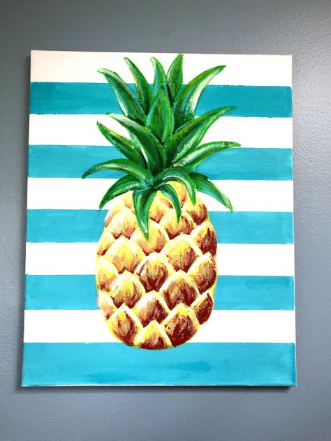 Fruit Painting Acrylic Easy, Painting A Pineapple, Hawaii Painting Easy, Pineapple Art For Kids, Pineapple Finger Painting, Pineapple Painting Acrylics, Fruit Painting Art, Pineapple Canvas Painting Easy, Pineapple Canvas Painting