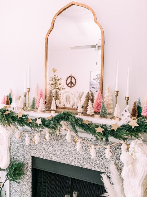 Blush Pink Christmas Decor, Whimsical Christmas Mantle Decor, Dresser Decor Christmas, Bottle Brush Tree Mantle, New Years Mantle Decor, Pink Christmas Mantle Decor, Boho Christmas Mantle Decor, Boho Christmas Mantle, Christmas Mantle Ideas