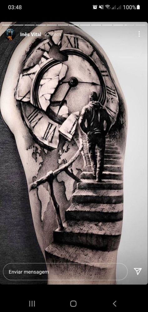 Stairs Tattoo Design For Men, Clock And Stairs Tattoo Design, Stairs Tattoo Design, Clock Tattoo Design For Men, Memorial Tattoo Sleeves, Staircase Tattoo, Stairs Tattoo, Stairs To Heaven Tattoo, Time Piece Tattoo