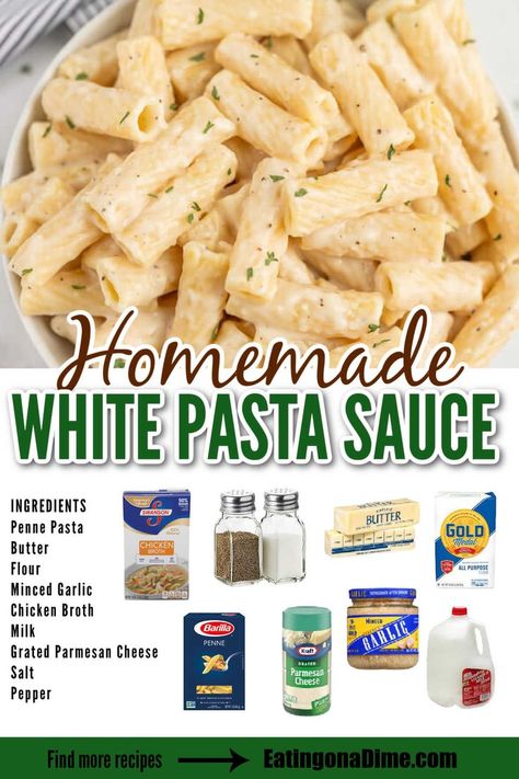 This amazing and creamy white pasta sauce recipe is a super quick and simple dish that's ready in minutes and is packed with tons of flavor! This white pasta sauce without heavy cream is so simple to make and tastes amazing too.  Everyone will love this white pasta sauce with milk recipe.  #eatingonadime #pastarecipes #saucerecipes Easy Homemade Pasta Sauce White, No Heavy Cream Pasta, Simple White Pasta Sauce Recipe, Diy White Sauce For Pasta, Homemade Noodle Sauce, Cream Sauce Without Heavy Cream, Homemade White Sauce For Pasta, Pasta Sauce No Heavy Cream, Simple White Sauce For Pasta