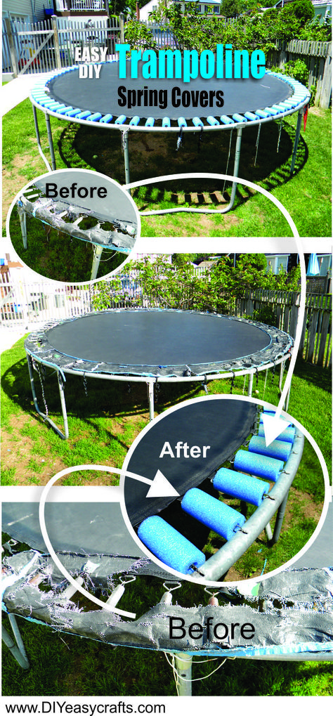 DIY Trampoline Spring cover pool noodle repair. www.DIYeasycrafts.com Diy Trampoline Spring Cover, Diy Trampoline Cover, Pool Noodle Trampoline, Diy Trampoline, Trampoline Spring Cover, Kids Gardening Projects, Yard Planning, Diy Backyard Movie, Noodle Crafts